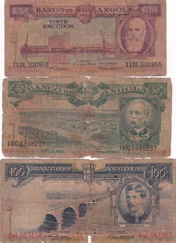 Angola, 20-50-100 Escudos, 1956, POOR, p87; p88; p89, (Total 3 banknotes)
POOR...