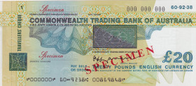 Australia, 20 Pounds, UNC, SPECIMEN
UNC
Commonwealth Trading Bank of Australia-Travellers Cheque
Estimate: $50-100