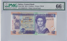 Belize, 2 Dollars, 2014, UNC, p66e
UNC
PMG 66 EPQ, Queen Elizabeth II. Potrait
Estimate: $30-60