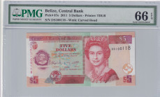 Belize, 5 Dollars, 2011, UNC, p67e
UNC
PMG 66 EPQ, Queen Elizabeth II. Potrait
Estimate: $50-100