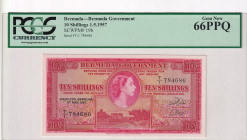 Bermuda, 10 Shillings, 1957, UNC, p19b
UNC
PCGS 68 PPQ, High Condition, Queen Elizabeth II. Potrait
Estimate: $200-400