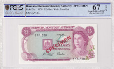 Bermuda, 5 Dollars, 1978, UNC, p29s, SPECIMEN
UNC
PCGS 67 OPQ, Queen Elizabeth II. Potrait
Estimate: $75-150