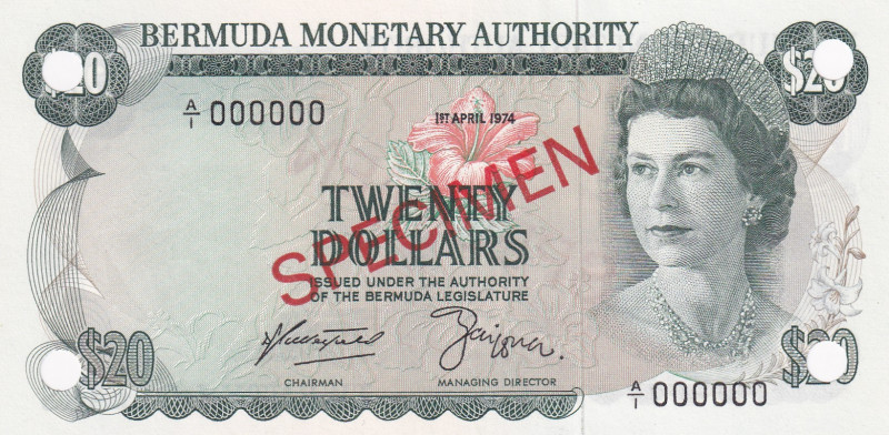 Bermuda, 20 Dollars, 1974, UNC, p31as, SPECIMEN
UNC
Queen Elizabeth II. Potrai...