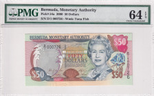 Bermuda, 50 Dollars, 2000, UNC, p54a, Low serial Number
UNC
PMG 64 EPQ, Queen Elizabeth II. Potrait
Estimate: $80-160