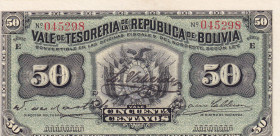 Bolivia, 50 Centavos, 1902, UNC, p91x, ERROR
UNC
Tesorería de la República de Bolivia
Estimate: $50-100