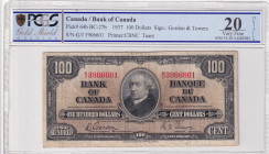 Canada, 100 Dollars, 1937, VF, p64b
VF
PCGS 20
Estimate: $150-300