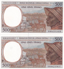 Central African States, 500 Francs, 1999, UNC, p301Ff, (Total 2 consecutive banknotes)
UNC
"F" Central African Republic
Estimate: $15-30