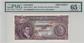 Colombia, 20 Pesos Oro, 1965, UNC, p401s2, SPECIMEN
UNC
PMG 65 EPQ
Estimate: $150-300