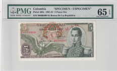 Colombia, 5 Pesos Oro, 1961, UNC, p406s, SPECIMEN
UNC
PMG 65 EPQ
Estimate: $100-200