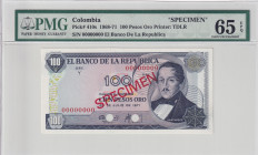 Colombia, 100 Pesos Oro, 1971, UNC, p410s, SPECIMEN
UNC
PMG 65 EPQ
Estimate: $150-300