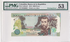 Colombia, 5.000 Pesos, 2012, AUNC, ERROR
AUNC
PMG 53, Print Error
Estimate: $75-150