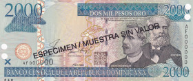 Dominican Republic, 2.000 Pesos Oro, 2002, UNC, p174s1, SPECIMEN
UNC
Estimate: $35-70