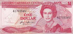 East Caribbean States, 1 Dollar, 1988/1989, UNC(-), p21u
UNC(-)
Queen Elizabeth II. Potrait
Estimate: $25-50