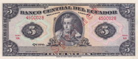 Ecuador, 5 Sucres, 1958/1988, UNC, p113s, SPECIMEN
UNC
It has a punch hole.
Estimate: $30-60
