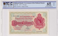 Falkland Islands, 5 Pounds, 1975, UNC, p9b
UNC
PCGS 65 OPQ, Queen Elizabeth II. Potrait
Estimate: $500-1000