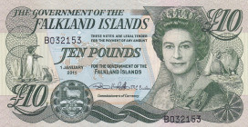 Falkland Islands, 10 Pounds, 2011, UNC(-), p18a
UNC(-)
Queen Elizabeth II portrait, Polymer plastic banknote, Light handling
Estimate: $20-40