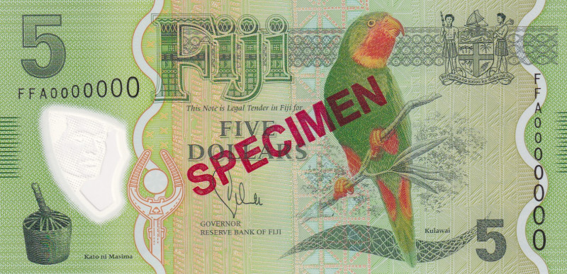 Fiji, 5 Dollars, 2013, UNC, p115s, SPECIMEN
UNC
Polymer plastics banknote
Est...