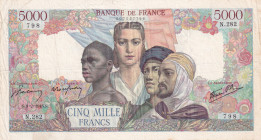 France, 5.000 Francs, 1945, VF, p103c
VF
There are stains and openings.
Estimate: $50-100