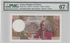 France, 10 Francs, 1968, UNC, p147c
UNC
PMG 67 EPQ, High condition 
Estimate: $150-300