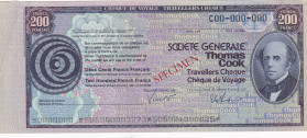 France, 200 Francs, AUNC(-), SPECIMEN
AUNC(-)
Travellers Cheque
Estimate: $50-100