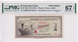 French Indo-China, 1 Piastre, 1951, UNC, p76bs, SPECIMEN
UNC
PMG 67 EPQ, High condition 
Estimate: $320-640