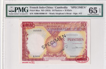 French Indo-China, 10 Piastres=10 Döng, 1953, UNC, p96as, SPECIMEN
UNC
PMG 65 EPQ
Estimate: $450-900