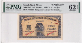 French West Africa, 5 Francs, 1942, UNC, p28s1, SPECIMEN
UNC
PMG 62 NET
Estimate: $160-320