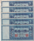 Germany, 100 Mark, 1910, p42, (Total 5 banknotes)
100 Mark, AUNC; 100 Mark, VF(+); 100 Mark(3), XF
Estimate: $15-30