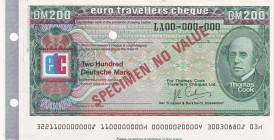 Germany, 200 Deutsche Mark, 19XX, UNC, SPECIMEN
UNC
Travellers Cheque, There is some peeling and light staining on the back
Estimate: $50-100