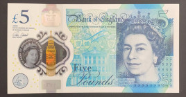 Great Britain, 5 Pounds, 2015, UNC, p394
UNC
Queen Elizabeth II portrait, Polymer plastic banknote
Estimate: $15-30