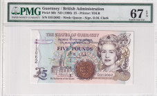 Guernsey, 5 Pounds, 1996, UNC, p56b
UNC
PMG 67 EPQ, High condition , Queen Elizabeth II. Potrait
Estimate: $40-80