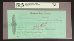 India, 19XX, AUNC, SPECIMEN
AUNC
PCGS 50, Allahabad Bank Limited-Bank Check Remainder
Estimate: $250-500