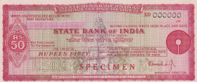 India, 50 Rupees, 19XX, UNC, SPECIMEN
UNC
State Bank of India Travellers Cheque
Estimate: $50-100