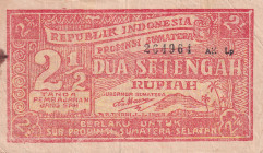 Indonesia, 2 1/2 Rupiah, 1948, VF(-), pS202
VF(-)
Republik Indonesia - Sub Propinsi Sumatera Selatan (Sub-Province of South Sumatra), Bukittinggi, S...