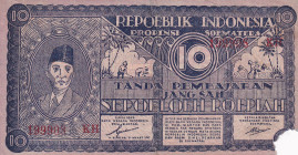 Indonesia, 10 Rupiah, 1947, POOR, pS353
POOR
Treasury, Pematang Siantar, There is a break in the corner.
Estimate: $15-30