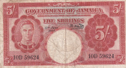 Jamaica, 5 Shillings, 1950, FINE, p37a
FINE
There are stains and openings.
Estimate: $35-70