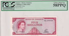 Jamaica, 5 Shilings, 1964, AUNC, p51Ab
AUNC
PCGS 58 PPQ, Queen Elizabeth II. Potrait
Estimate: $400-800