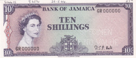 Jamaica, 10 Shillings, 1964, UNC, p51Bcs, SPECIMEN
UNC
Has a ballpoint pen, Queen Elizabeth II. Potrait
Estimate: $350-700
