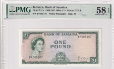 Jamaica, 1 Pound, 1964, AUNC, p51Ce
AUNC
PMG 58 EPQ, Queen Elizabeth II. Potrait
Estimate: $300-600
