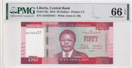 Liberia, 50 Dollars, 2016, UNC, p34a
UNC
PMG 66 EPQ
Estimate: $25-50