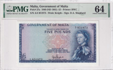Malta, 5 Pounds, 1961, UNC, p27a
UNC
PMG 64, Queen Elizabeth II. Potrait, Rare date, rare signature
Estimate: $3000-6000
