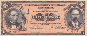 Mexico, 5 Pesos, 1915, UNC(-), pS1044
UNC(-)
Estado Libre y Soberano de Sinaloa
Estimate: $15-30