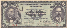 Mexico, 10 Pesos, 1915, UNC, pS1045
UNC
Estado Libre y Soberano de Sinaloa
Estimate: $25-50