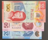Mexico, 20-50-100 Pesos, 2016/2020, UNC, p122; p123A, pNew, (Total 3 banknotes)
UNC
Polymer plastics banknote
Estimate: $25-50