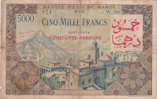 Morocco, 50 Dirhams on 5.000 Francs, 1953, FINE, p51
FINE
There are stains and openings.
Estimate: $75-150