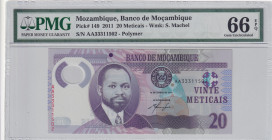 Mozambique, 20 Meticais, 2011, UNC, p149
UNC
PMG 66 EPQ, Polymer plastics banknote
Estimate: $25-50