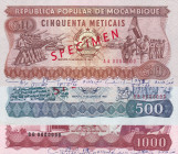 Mozambique, 50-500-1.000 Meticais, 1983, UNC, p129; p131; p132, SPECIMEN
UNC
(Total 3 banknotes), Has a ballpoint pen
Estimate: $100-200