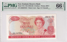New Zealand, 5 Dollars, 1985/1989, UNC, p171b
UNC
PMG 66 EPQ, Queen Elizabeth II. Potrait
Estimate: $50-100