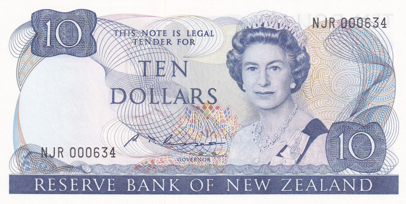 New Zealand, 10 Dollars, 1985/1989, UNC, p172b
UNC
"01" prefix, Low Serial Num...