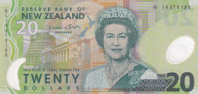 New Zealand, 20 Dollars, 2013, UNC, p187c
UNC
Queen Elizabeth II. Potrait, Polymer plastics banknote
Estimate: $30-60